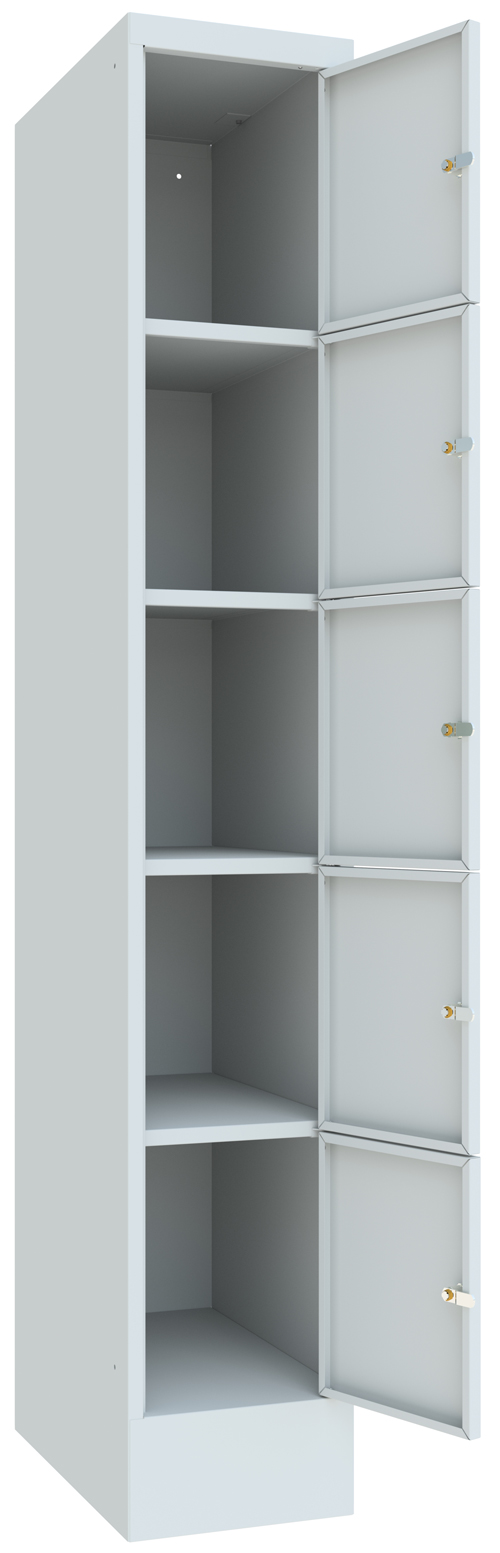 Pavoy Schließfachschrank mit Sockel und Vollblechtüren 1850 x 300 x 500 mm - 5 x 1 Fächer mit Zylinderschloss - RAL 7035 Wertfachschrank Stahl Fachbreite 300 mm | 5 Fächer - Korpus lichtgrau | Türen lichtgrau (PA-61213-153-001-735) Bild-01