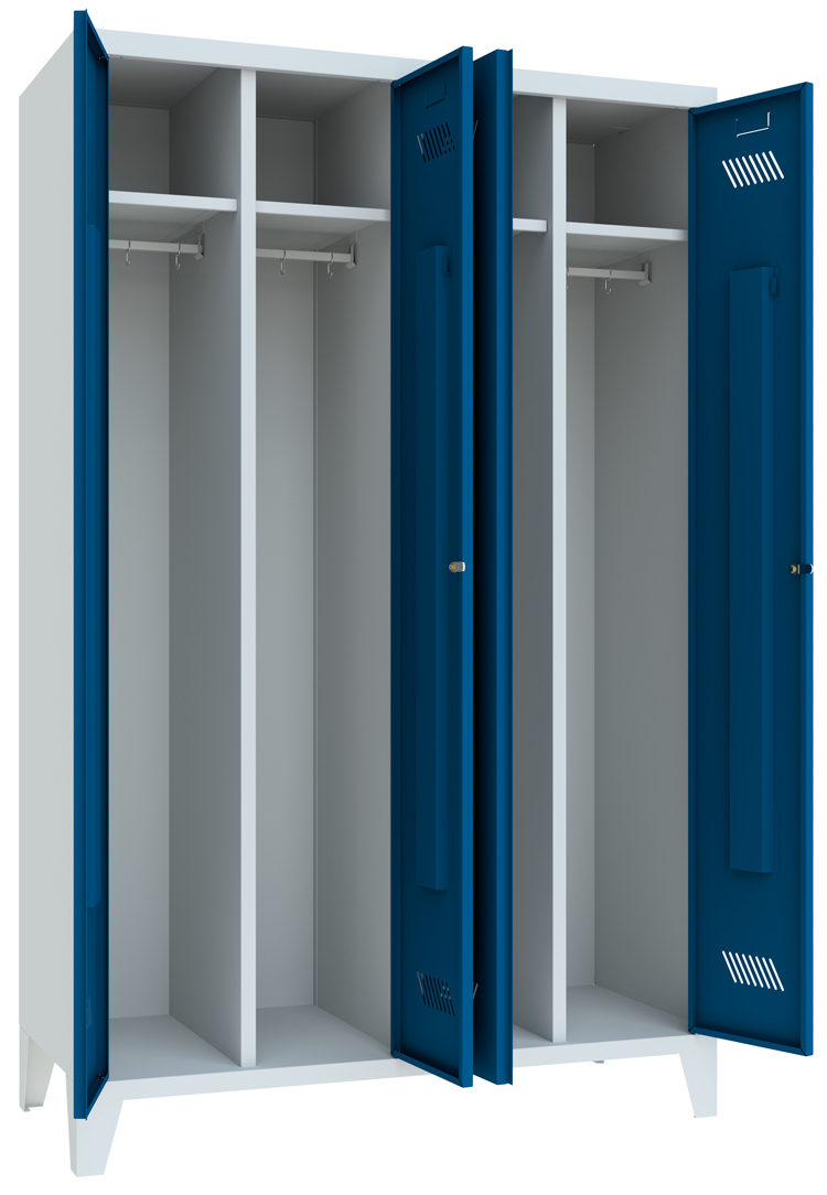 Pavoy Spind mit Füßen 1850 x 1170 x 500 mm - 2 Doppel-Abteile mit Drehriegel - RAL 7035 | 5010 Garderobenschrank Stahl Fachbreite 600 mm mit Hutboden und Kleiderstange - Korpus lichtgrau | Türen enzianblau (PA-20201-413-332-735510) Bild-01