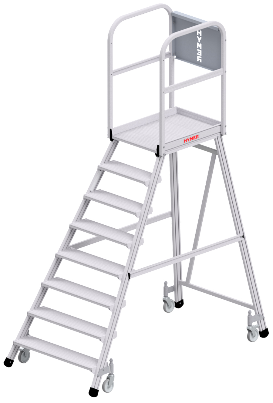 Hymer Podesttreppe fahrbar - 8 Stufen Treppe einseitig begehbar - Plattform 600 x 800 mm | mit Umlaufgeländer - nach DIN EN 131-7 (HY-618808) Bild-01