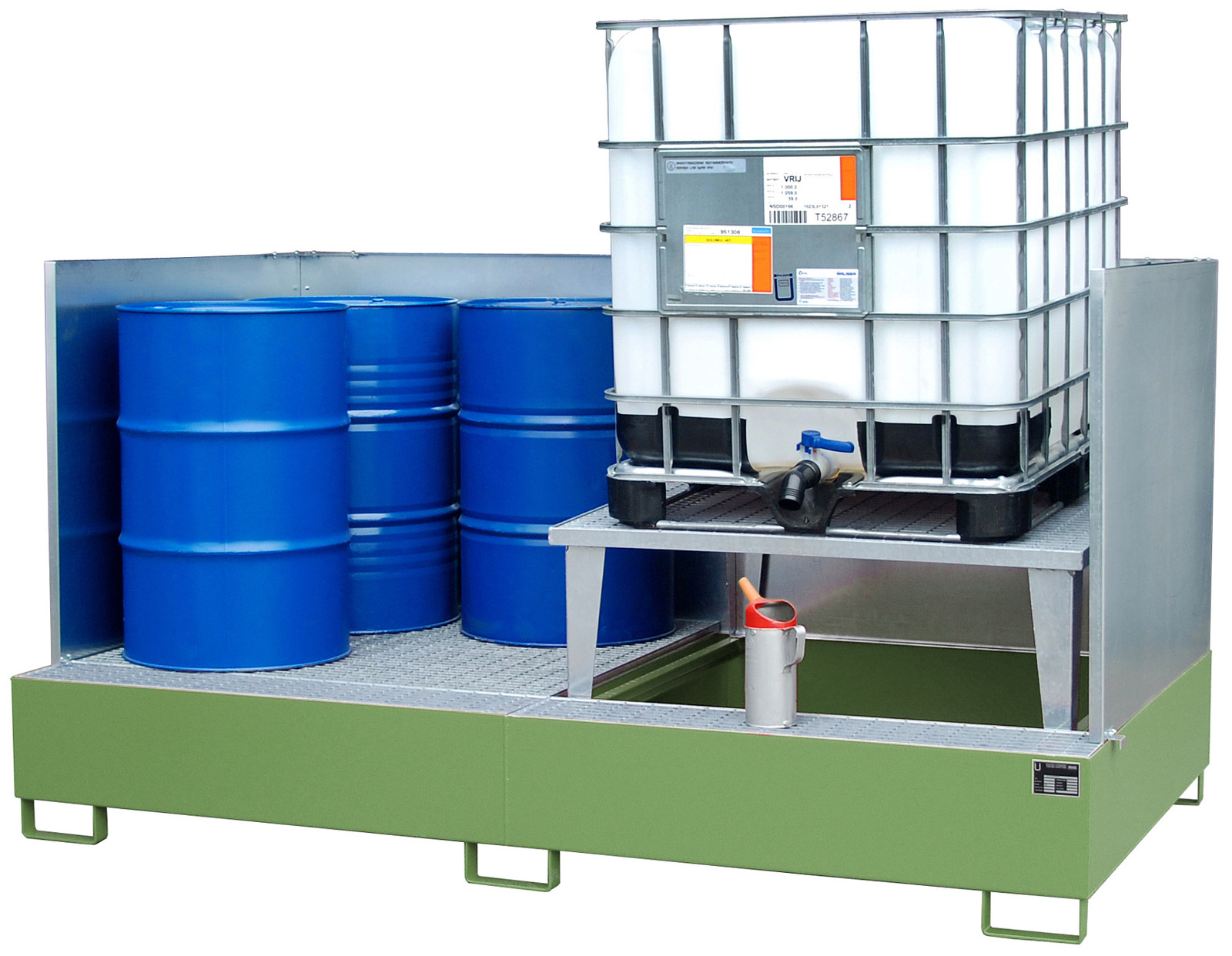 Bauer Auffangwanne Stahl AWA 21|SW - RAL 6011 Gefahrstoffwanne resedagrün pulverbeschichtet mit Abfüllbock, Gitterrost und Spritzschutzwand - Stahlwanne mit 1000 Liter Auffangvolumen (BA-4402-80-2000-4) Bild-01