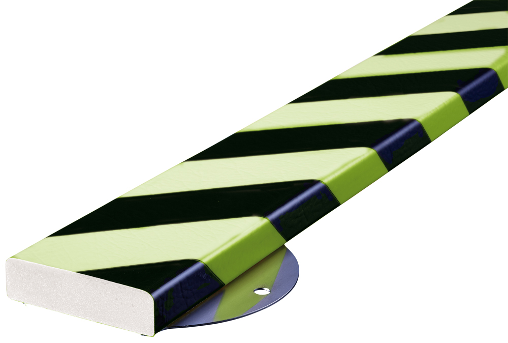 Knuffi Schutzprofil Kit Typ S 75 x 20 mm neon | schwarz PU - 0,50 m Warnschutz Profil Flachleiste breit aus Polyurethan - Flächenprofil gestreift mit Befestigungswinkel Edelstahl (SM-WPS-16818) Bild-01