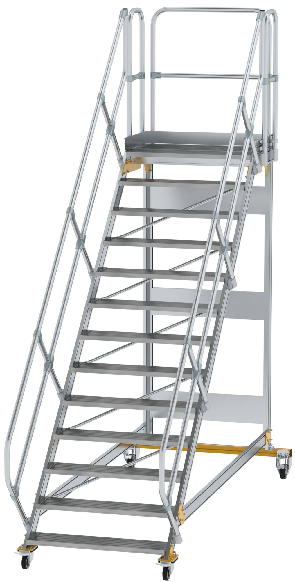 Günzburger Podesttreppe fahrbar 45° 13 Stufen - 1000 mm breit Alutreppe fahrbar mit Umlaufgeländer - Stufenausführung Alu gerieft (GB-600813) Bild-01