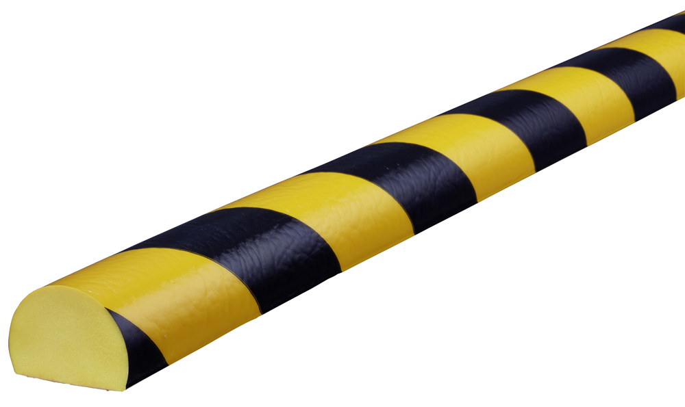 Knuffi Wandschutz Profil Typ C 40 x 30 mm gelb | schwarz PU - 1,00 m Standard Warnschutz Profil Rundprofil abgeflacht aus Polyurethan - Flächenprofil gestreift mit selbstklebenden Kanten (SM-PC-10012) Bild-01