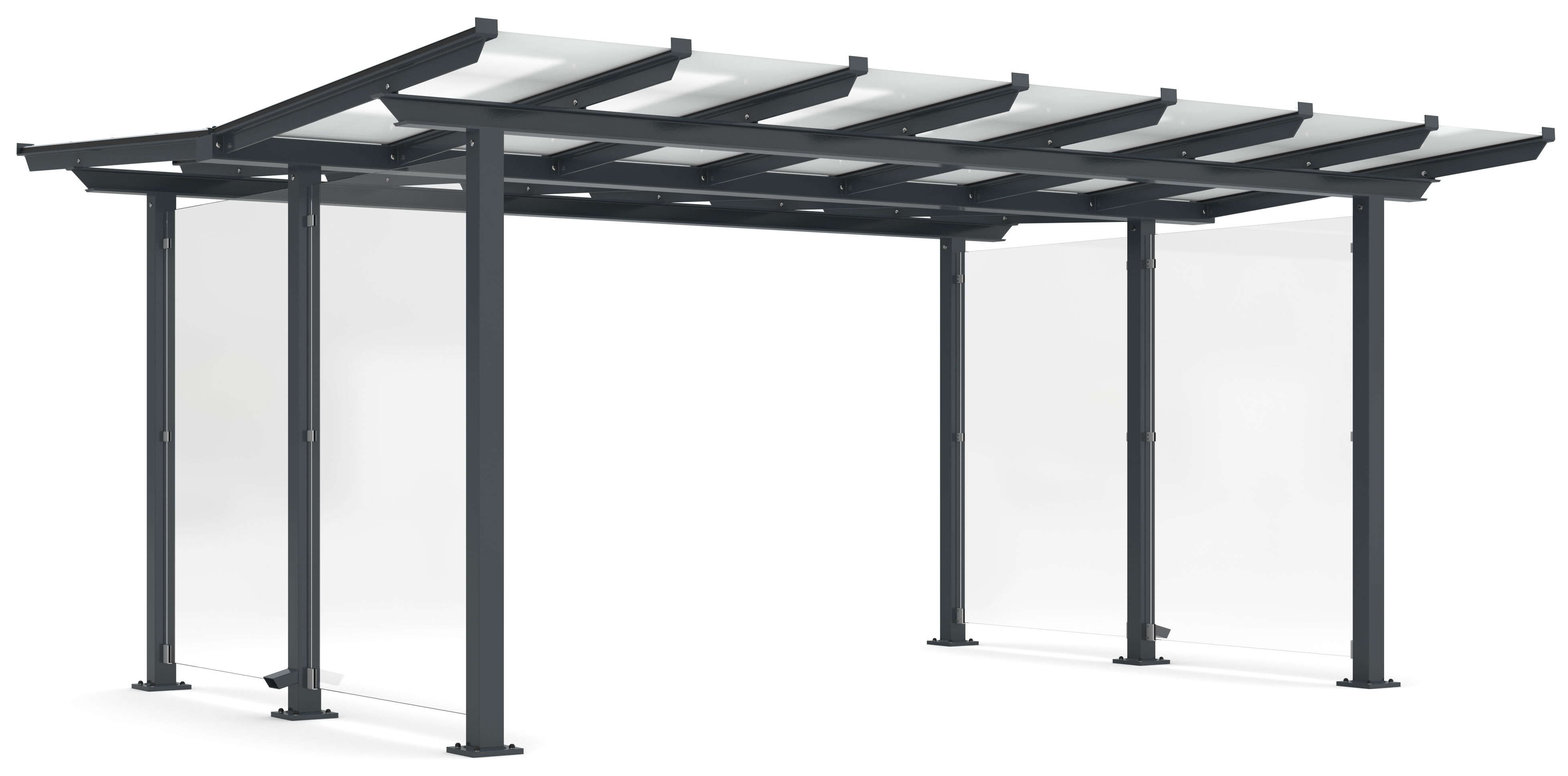 WSM Überdachung Passau doppelseitig - P23 Bausatz - RAL 7016 Unterstand Stahl pulverbeschichtet anthrazitgrau mit Glasdach - Wandelemente mit Glaseinsatz Glashell - zum Aufdübeln (WSM-102100364) Bild-01