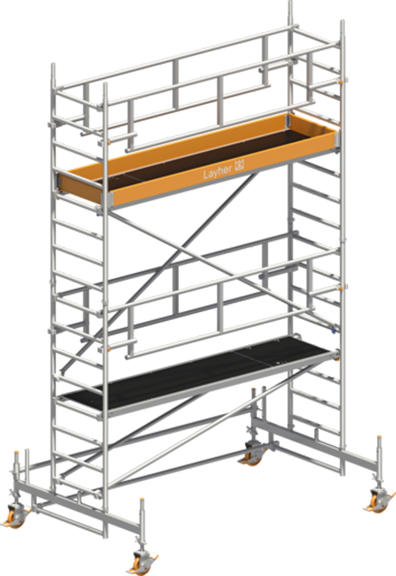 Fahrgerüst Layher Uni Standard P2 SAFETY Plus hawego 1421103 - Arbeitshöhe 5,35 m fahrbares Gerüst mit Sicherheits-Doppelgeländern und Standleiter-Optimierung - Rollgerüst Sicherheitsaufbau P2 mit Fahrbalken (LS-1421103-H) Bild-01