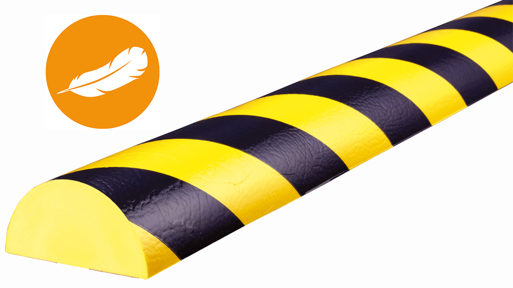Knuffi Wandschutz Profil Typ C+ 70 x 35 mm gelb | schwarz PU - 1,00 m Soft Warnschutz Profil Rundprofil halbrund abgeflacht aus Polyurethan - Flächenprofil gestreift extra soft | mit selbstklebenden Kanten (SM-SOC-16) Bild-01