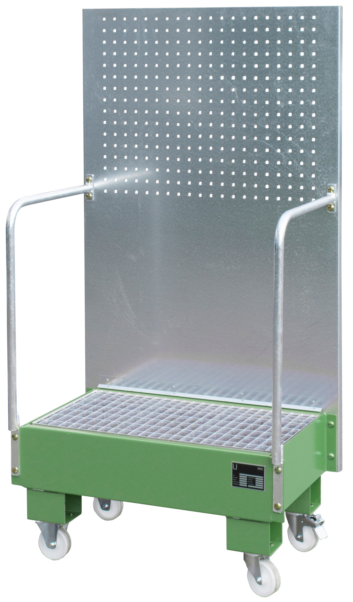 Bauer Auffangwanne fahrbar Stahl LPW 60-2 - RAL 6011 Gefahrstoffwanne mobil resedagrün pulverbeschichtet mit Gitterrost - Stahlwanne für 2 Fässer 60 Liter (BA-4447-56-0000-4) Bild-01