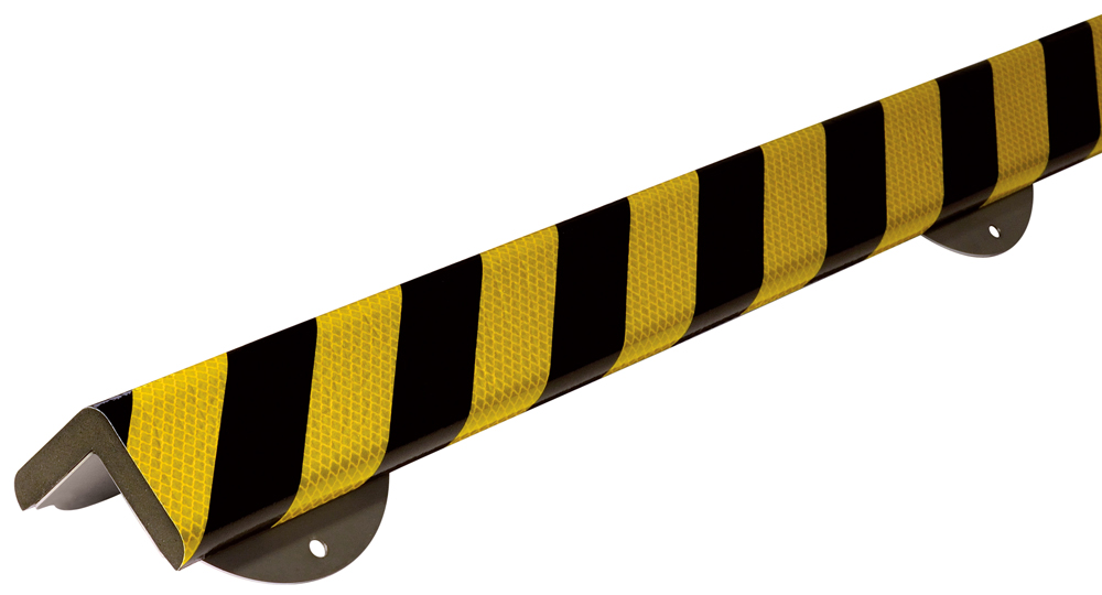 Knuffi Schutzprofil Kit Typ H+ 60 x 60 mm gelb | schwarz PU - 1,00 m reflective Warnschutz Profil L-Winkel aus Polyurethan - Eckprofil gestreift reflektierend | mit Befestigungswinkel Edelstahl (SM-WPHR-18717) Bild-01