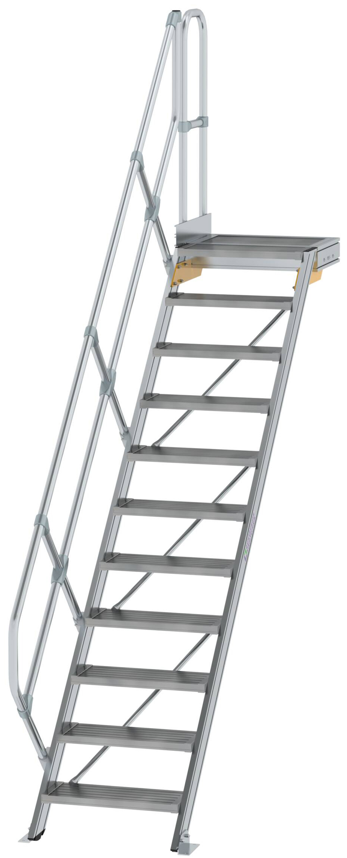 Günzburger Podesttreppe 45° 11 Stufen - 600 mm breit Alutreppe mit einem Handlauf - Stufenausführung Alu geriffelt (GB-600431) Bild-01