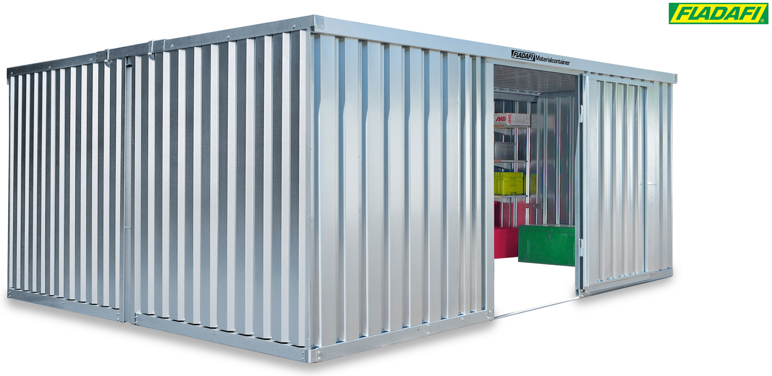 FLADAFI Materialcontainer Kombination 5080 x 4340 x 2150 mm ohne Holzboden - 1-flügelige Tür auf 5 m Seite Container MC 1540 mit Tür 1270 x 1890 mm - Container Kombi 21 m² - Lagercontainer unmontiert (SB-F15430101) Bild-01