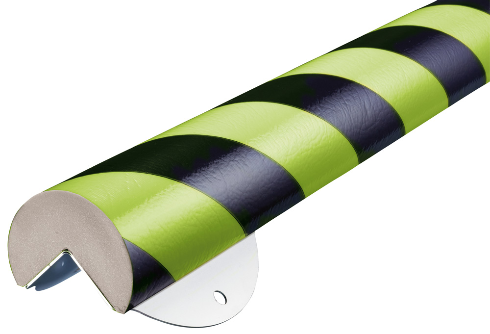 Knuffi Schutzprofil Kit Typ A+ Ø 60 mm neon | schwarz PU - 1,00 m Warnschutz Profil Rundprofil mit Winkelaussparung aus Polyurethan - Eckprofil gestreift mit Befestigungswinkel Edelstahl (SM-WPA-16720) Bild-01