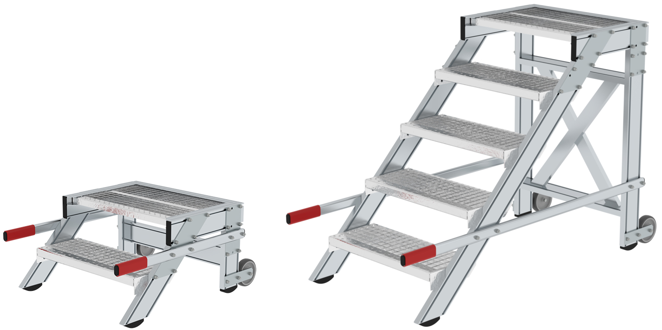 Günzburger Arbeitspodest 600 fahrbar Alu 2 - 5 Stufen SG Anstieg mit Rollen - Stahl-Gitterrost - 600 mm breit (GB-C-50430) Bild-01