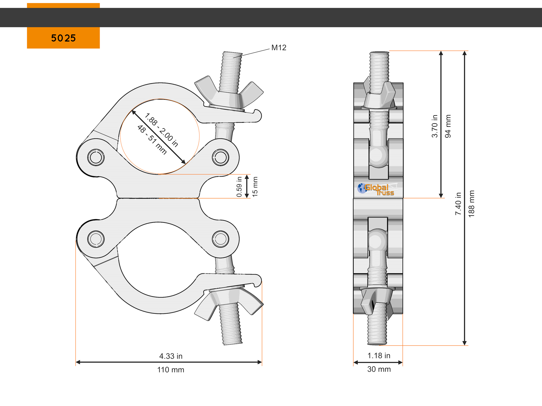 Global Truss Halfcoupler Double 48-51 Mm Noir - Accessoire Pour Structure Truss, Fixation Rapide