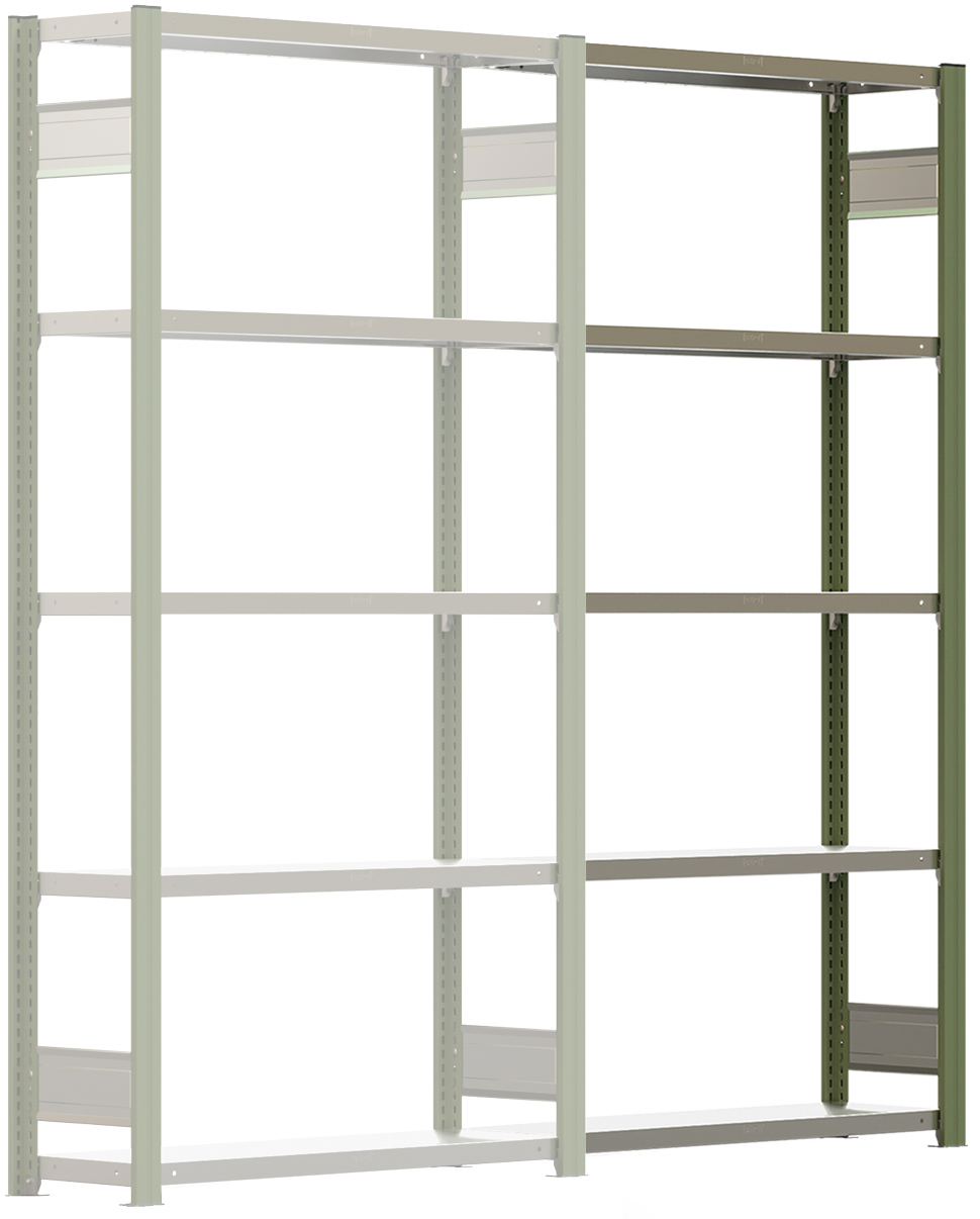 Regalwerk BERT Lagerregal 150|7 Anbaufeld 3000 x 1005 x 300 mm - RAL 6011 Regal mit Kreuzdiagonalen - Fachlast 150 kg - 7 Stahlfachböden verzinkt | Regalrahmen resedagrün pulverbeschichtet (RW-B3-43522-30-RG) Bild-01