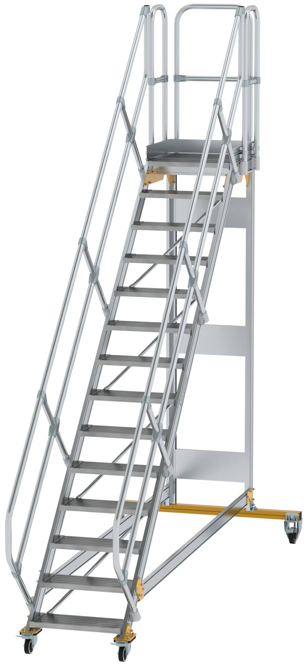 Günzburger Podesttreppe fahrbar 45° 14 Stufen - 600 mm breit Alutreppe fahrbar mit Umlaufgeländer - Stufenausführung Alu gerieft (GB-600774) Bild-01