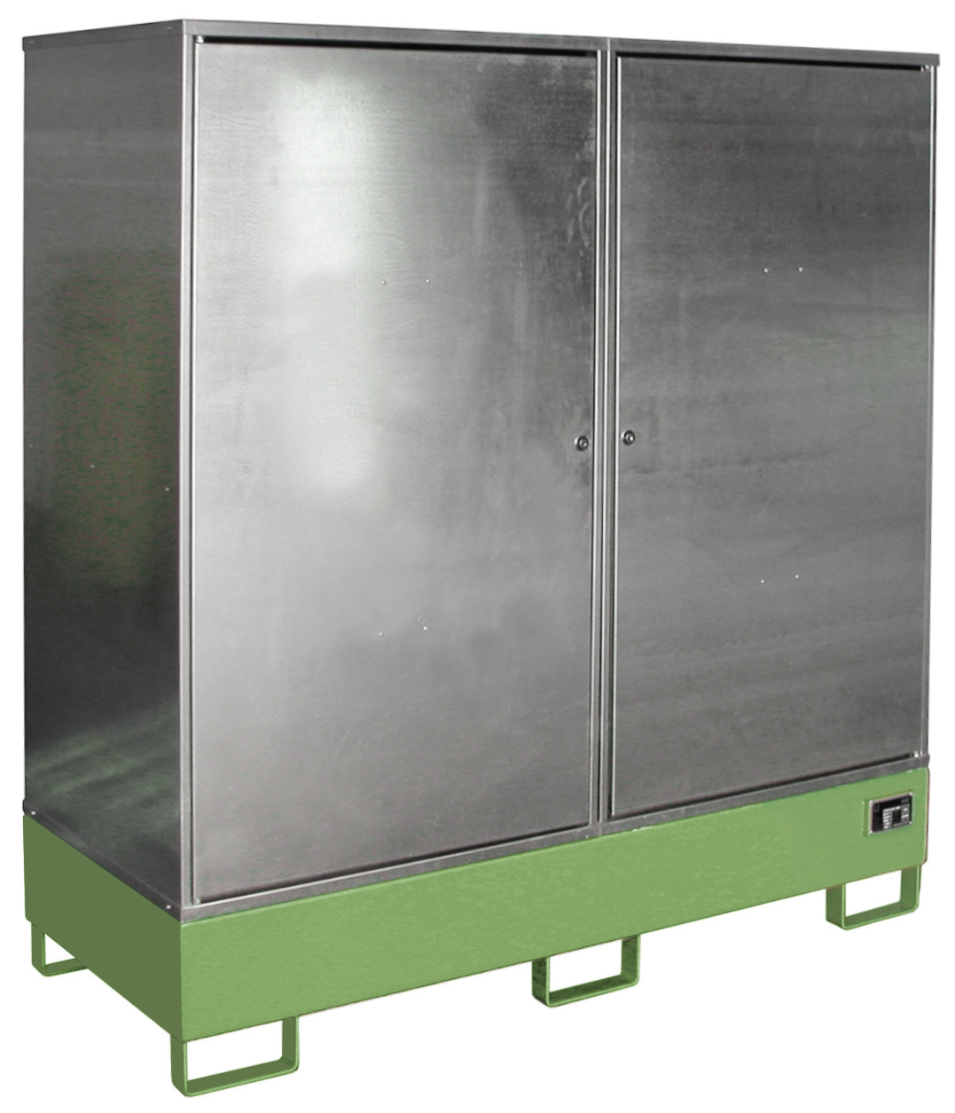 Bauer Gefahrstoffschrank Stahl GS-2 - RAL 6011 Gefahrstofflager resedagrün pulverbeschichtet mit Zylinderschloss - Stahlschrank für 2 Fässer 200 Liter (BA-4495-21-0000-4) Bild-01