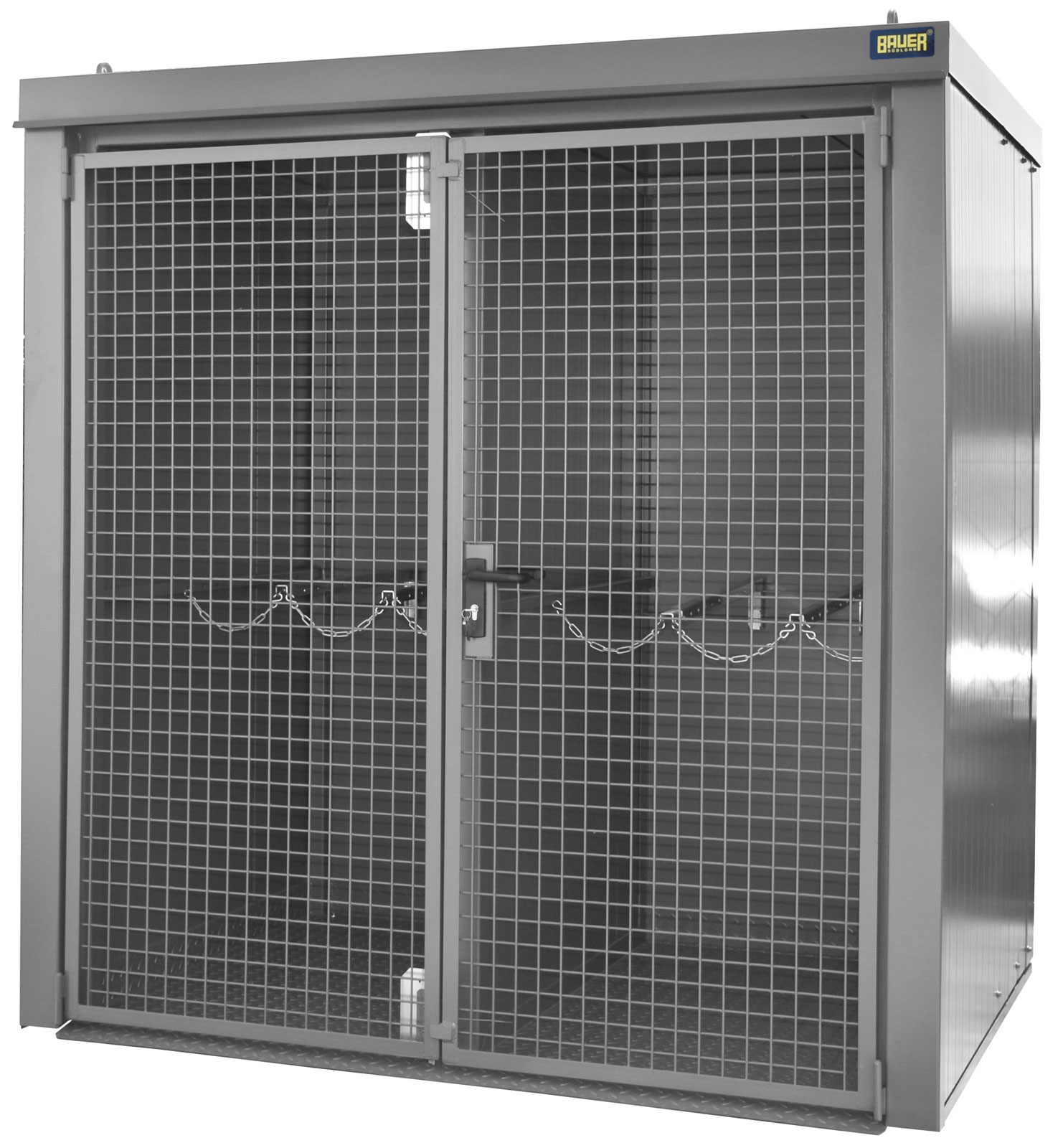 Bauer Gasflaschen-Container Stahl GFC-B|W M2 - RAL 7005 Gasflaschenlager mausgrau pulverbeschichtet mit F90 Trennwand, Tränenblechboden und Doppelflügeltor - Stahlschrank für 40 Flasche Ø 230 mm (BA-4477-32-1000-5) Bild-01