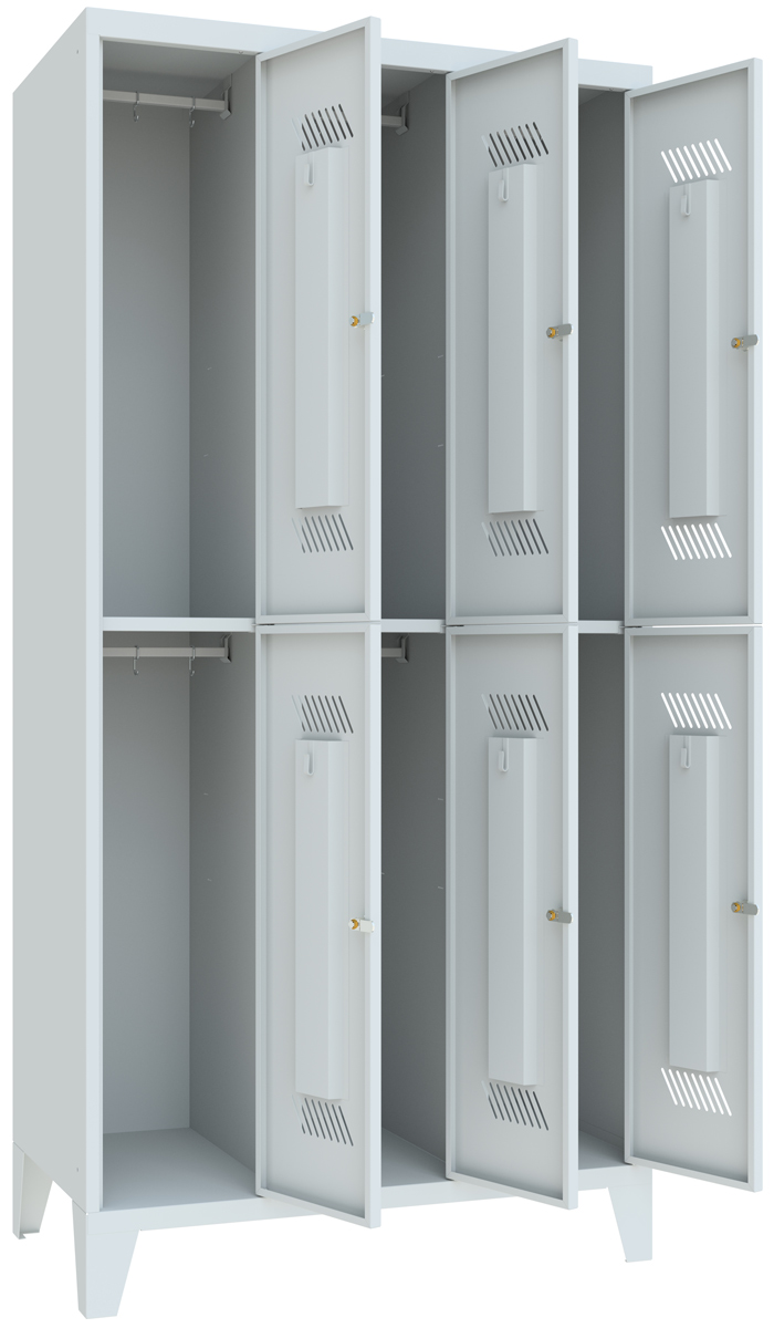 Pavoy Schließfach Spind mit Füßen 1850 x 900 x 500 mm - 6 Abteile mit Zylinderschloss - RAL 7035 Schließfach Schrank Stahl Fachbreite 300 mm mit Kleiderstange - Korpus lichtgrau | Türen lichtgrau (PA-60260-323-031-735) Bild-01