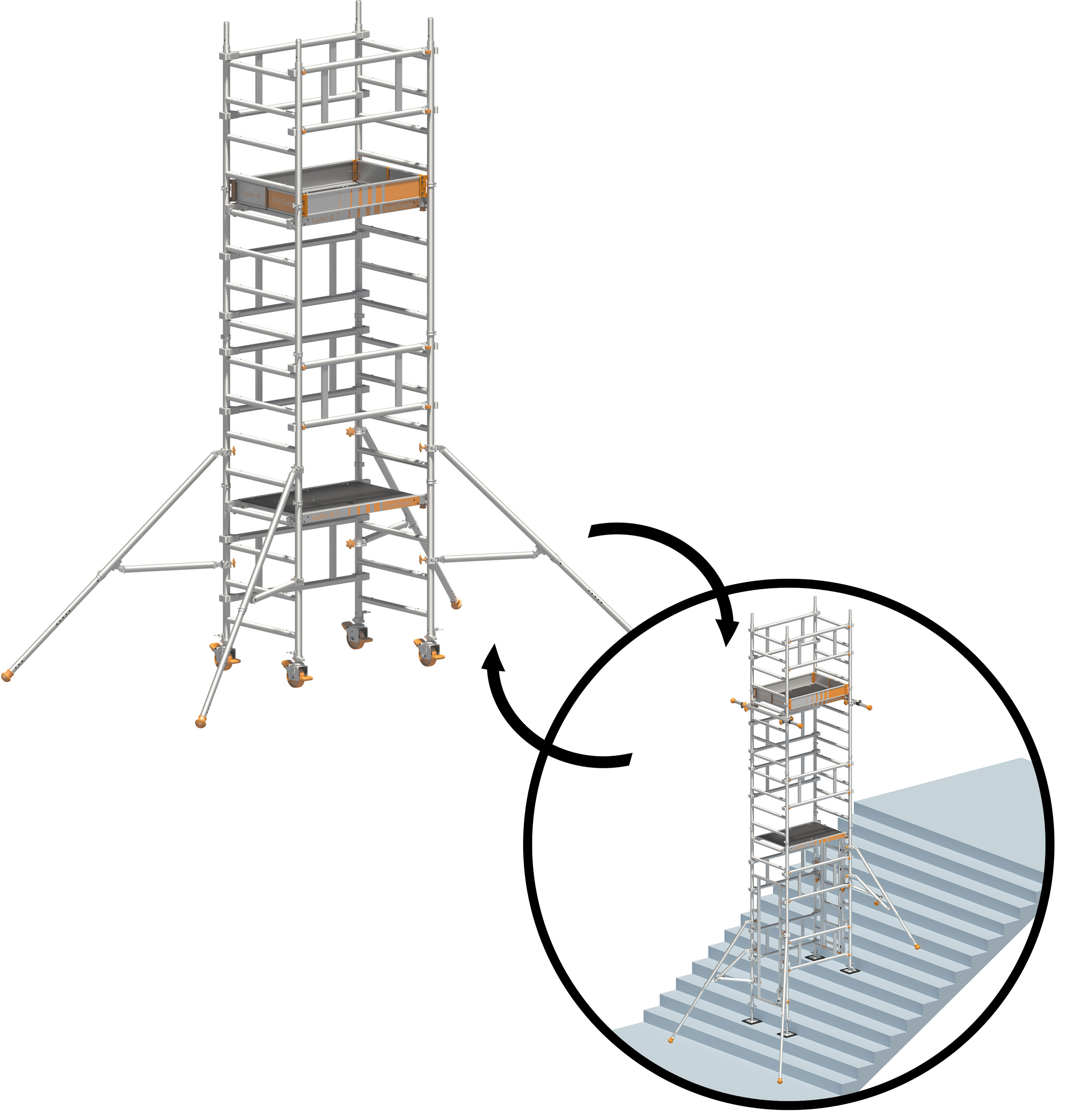 Rollgerüst Layher Solo Tower P2 hawego PLUS - AH 5,15 m | 6,65 m Gerüst mit TreppenKit-Optimierung - Arbeitshöhe Fahrgerüst 5,15 m | Treppengerüst 6,65 m (LS-1600103-HP) Bild-01