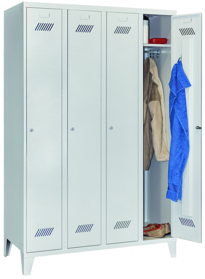 Pavoy Spind mit Füßen 1850 x 1200 x 500 mm - 4 Abteile mit Zylinderschloss - RAL 7035 Garderobenschrank Stahl Fachbreite 300 mm mit Hutboden und Kleiderstange - Korpus lichtgrau | Türen lichtgrau (PA-60201-413-031-735) Bild-01