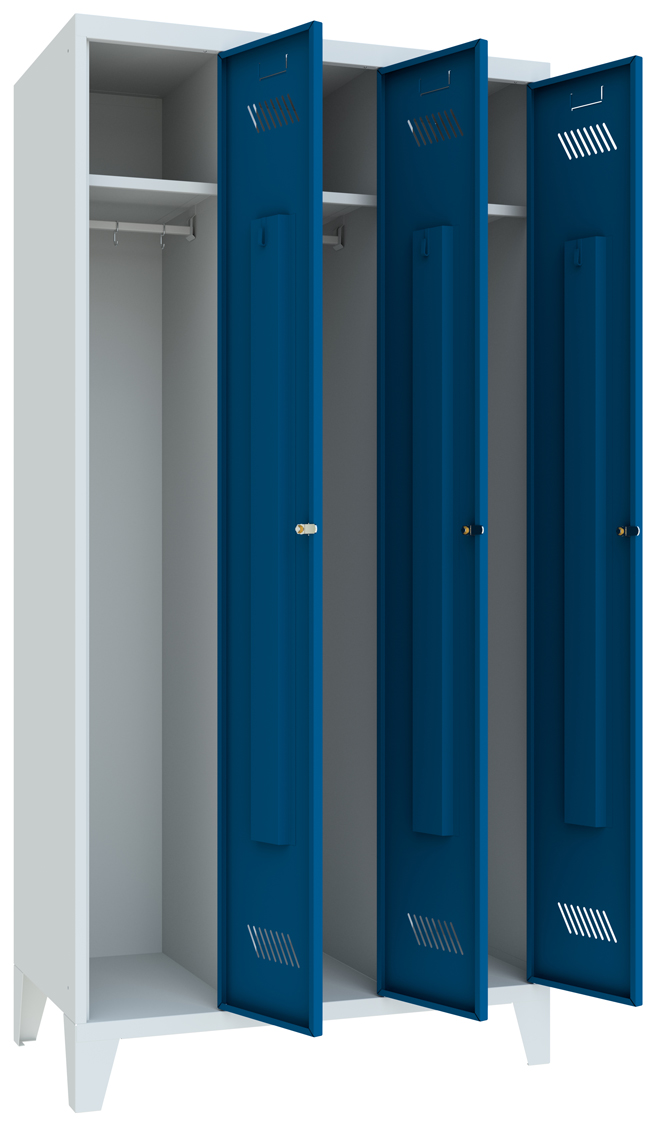 Pavoy Spind mit Füßen 1850 x 900 x 500 mm - 3 Abteile mit Zylinderschloss - RAL 7035 | 5010 Garderobenschrank Stahl Fachbreite 300 mm mit Hutboden und Kleiderstange - Korpus lichtgrau | Türen enzianblau (PA-60201-313-031-735510) Bild-01