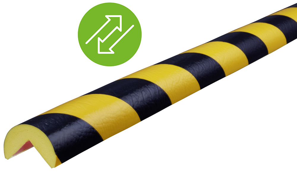 Knuffi Eckschutzprofil Typ A Ø 40 mm gelb | schwarz PU - 1,00 m Removable Warnschutz Profil Rundprofil mit Winkelaussparung aus Polyurethan - Eckprofil gestreift mit wiederverwendbaren Klebekanten (SM-PA-1000) Bild-01