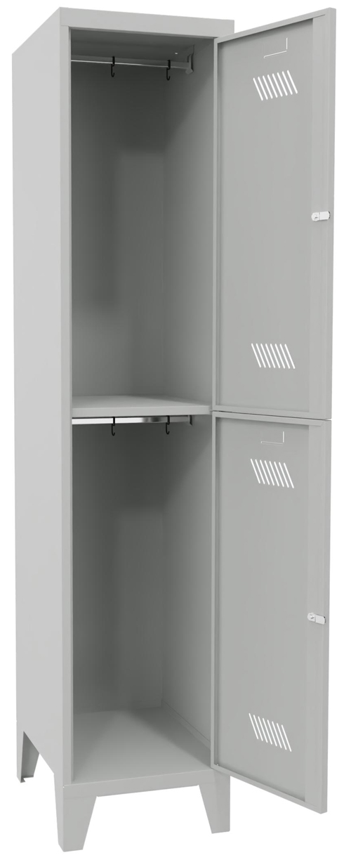 Pavoy Schließfach Spind mit Füßen 1850 x 400 x 500 mm - 2 Abteile mit Zylinderschloss - RAL 7035 Schließfach Schrank Stahl Fachbreite 400 mm mit Kleiderstange - Korpus lichtgrau | Türen lichtgrau (PA-60260-124-031-735) Bild-01