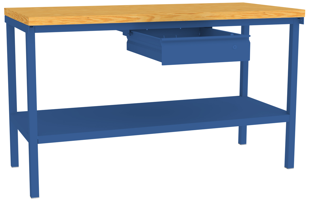 Pavoy Werktisch Modell 582 - 1500 x 700 x 900 mm | mit Ablageboden und 1 Schublade - RAL 5010 Werkbank Stahl mit Multiplexplatte 40 mm | Traglast 1500 kg - Gestell enzianblau (PA-58582-150-000-510) Bild-01