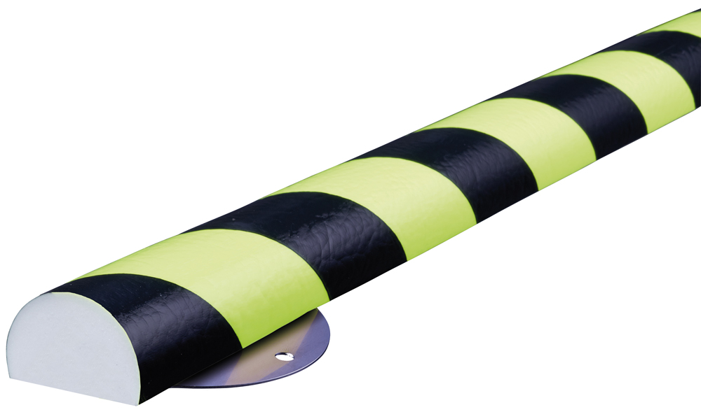 Knuffi Schutzprofil Kit Typ C+ 70 x 35 mm neon | schwarz PU - 1,00 m Warnschutz Profil Rundprofil abgeflacht aus Polyurethan - Flächenprofil gestreift mit Befestigungswinkel Edelstahl (SM-WPC-16722) Bild-01