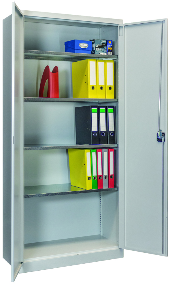 Pavoy Flügeltürenschrank Easy mit Sockel 1950 x 890 x 415 mm - 4 Fachböden - RAL 7035 Werkstattschrank Stahl mit Fachböden verzinkt 870 x 370 mm - Korpus lichtgrau | Türen lichtgrau (PA-31325-089-400-735) Bild-01