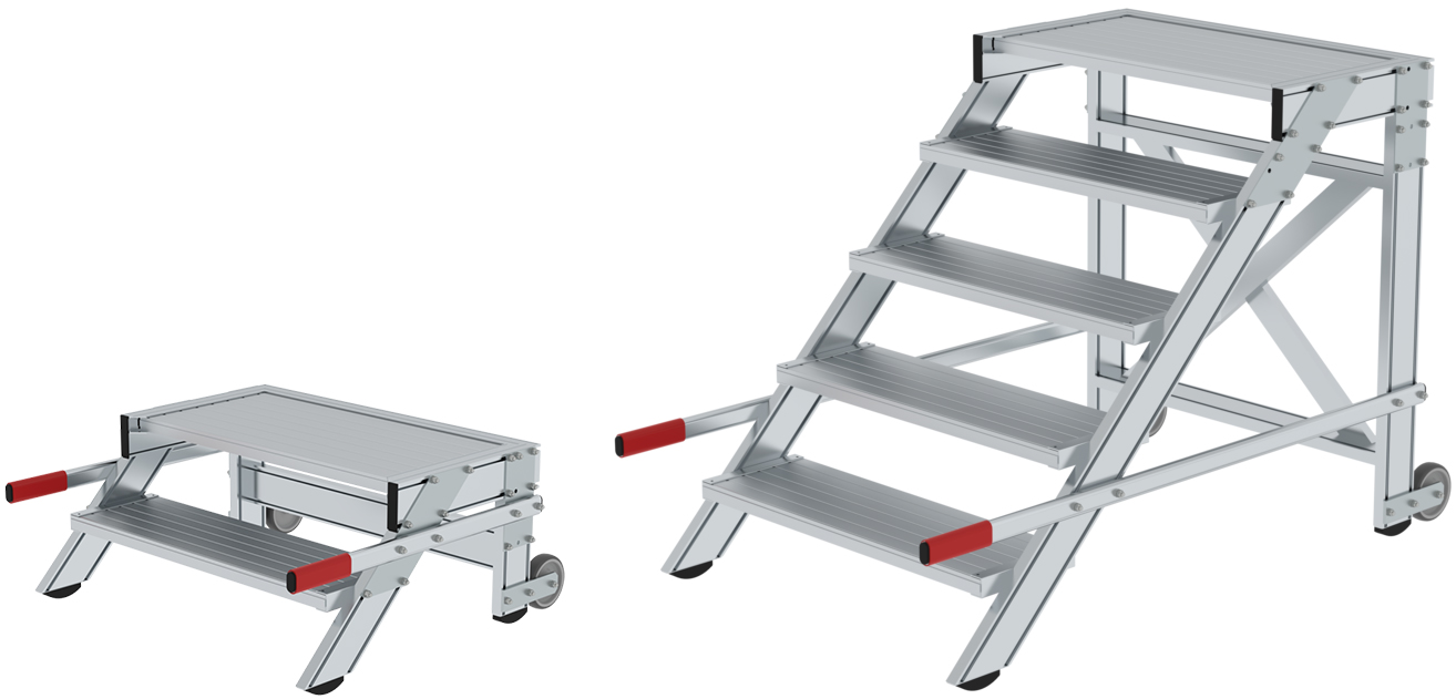 Günzburger Arbeitspodest 800 fahrbar Alu 2 - 5 Stufen Anstieg mit Rollen - Alu geriffelt - 800 mm breit (GB-C-50015) Bild-01