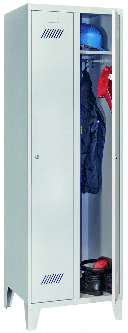 Pavoy Spind mit Füßen 1850 x 600 x 500 mm - 2 Abteile mit Zylinderschloss - RAL 7035 Garderobenschrank Stahl Fachbreite 300 mm mit Hutboden und Kleiderstange - Korpus lichtgrau | Türen lichtgrau (PA-60201-213-031-735) Bild-01