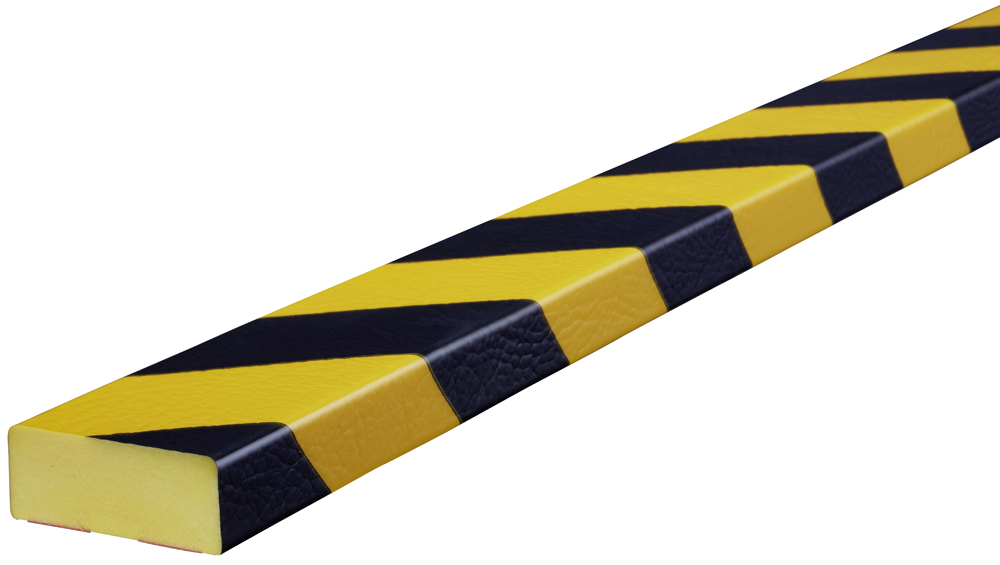 Knuffi Wandschutz Profil Typ D 50 x 20 mm gelb | schwarz PU - 5,00 m Standard Warnschutz Profil Flachleiste schmal aus Polyurethan - Flächenprofil gestreift mit selbstklebender Fläche (SM-PD-10023) Bild-01