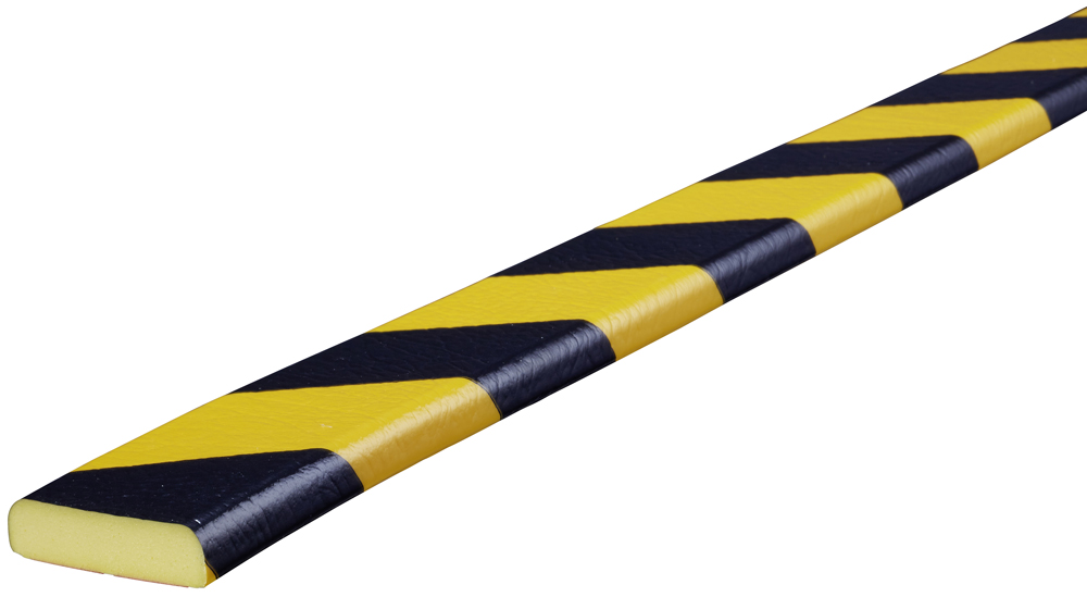 Knuffi Wandschutz Profil Typ F 40 x 11 mm gelb | schwarz PU - 5,00 m Standard Warnschutz Profil Flachleiste extra schmal aus Polyurethan - Flächenprofil gestreift mit selbstklebender Fläche (SM-PF-10025) Bild-01