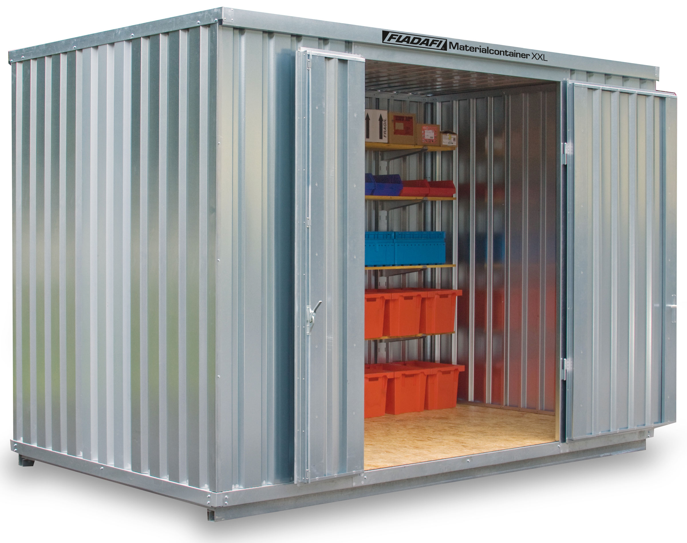 FLADAFI Materialcontainer 4050 x 2540 x 2595 mm mit Holzboden - 2-flügelige Tür auf 4 m Seite Container MC 1400 XXL mit Tür 1825 x 2260 mm - Lagercontainer 9 m² montiert (SB-F2514200201) Bild-01
