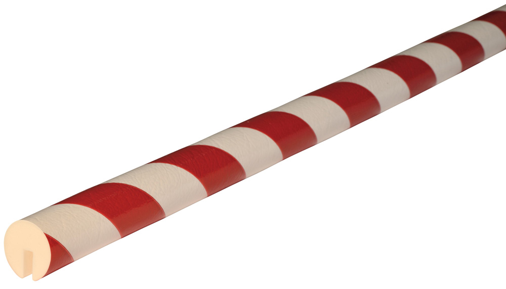 Knuffi Kantenschutzprofil Typ B Ø 40 mm rot | weiß PU - 1,00 m Standard Warnschutz Profil Rundprofil mit U-Aussparung aus Polyurethan - Randprofil gestreift mit selbstklebenden Kanten (SM-PB-10111) Bild-01