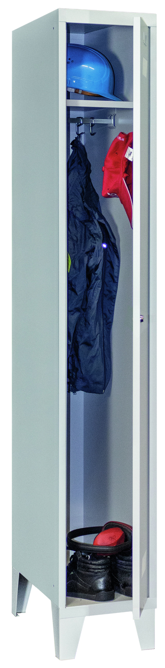 Pavoy Spind mit Füßen 1850 x 300 x 500 mm - 1 Abteil mit Zylinderschloss - RAL 7035 Garderobenschrank Stahl Fachbreite 300 mm mit Hutboden und Kleiderstange - Korpus lichtgrau | Türen lichtgrau (PA-60201-113-031-735) Bild-01