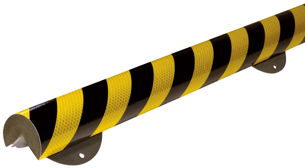 Knuffi Schutzprofil Kit Typ A+ Ø 60 mm gelb | schwarz PU - 1,00 m reflective Warnschutz Profil Rundprofil mit Winkelaussparung aus Polyurethan - Eckprofil gestreift reflektierend | mit Befestigungswinkel Edelstahl (SM-WPAR-18720) Bild-01