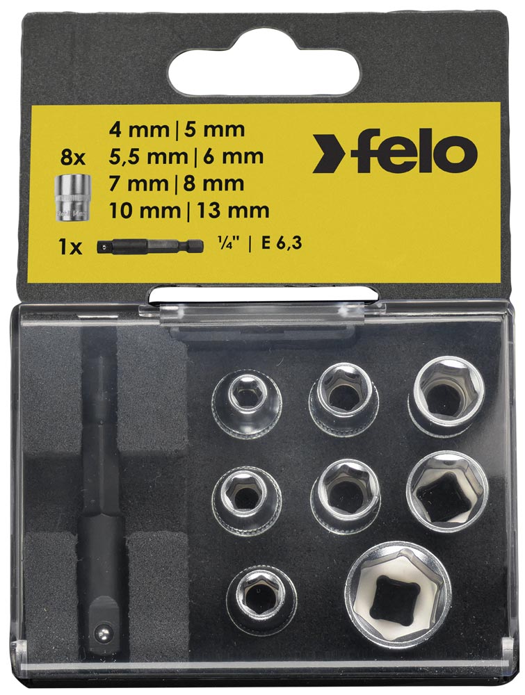 Felo Profi Stecknuss Box 9-teilig - SW 4,0 - 13,0 mm Steckschlüsselaufsatz Set mit Adapter (FL-05798106) Bild-01