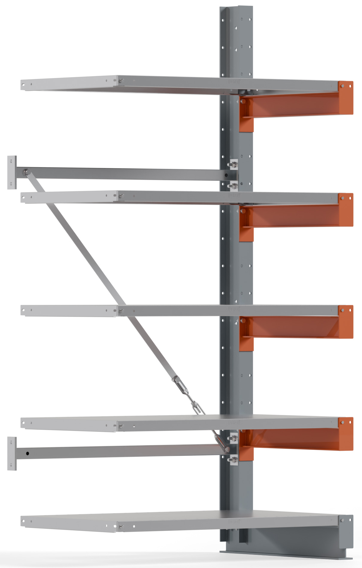 Regalwerk KARL BASIC 1800 Kragarmregal Stahlboden einseitig Anbaufeld 2000 x 1000 x 600 mm Lagerregal mit Kragarmlast 730 kg | Ständerlast 1800 kg - 5 Ebenen mit Fachböden | Kragarme frei verstellbar (RW-B6-54101-60) Bild-01