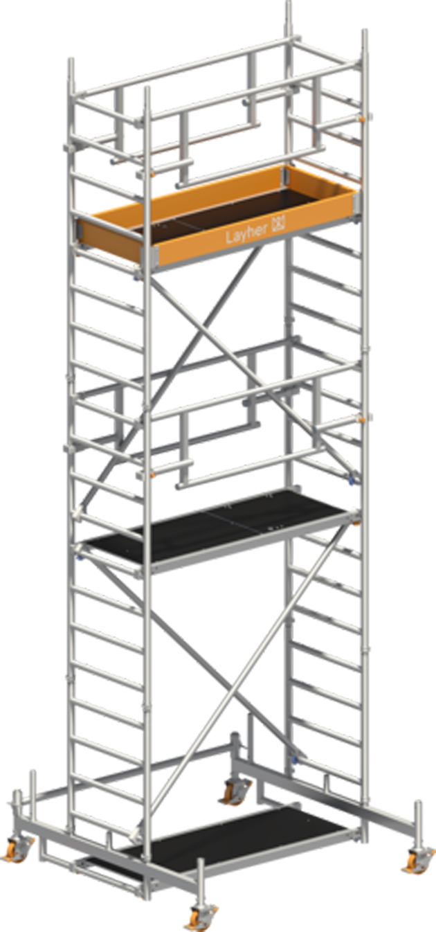 Rollgerüst Layher Uni Leicht P2 SAFETY Plus hawego 1423204 - Arbeitshöhe 6,31 m fahrbares Gerüst mit Sicherheits-Doppelgeländer, höhenverstellbarer Lenkrolle 400 und Diagonal-Optimierung - Fahrgerüst Sicherheitsaufbau P2 mit Fahrbalken (LS-1423204-H) Bild