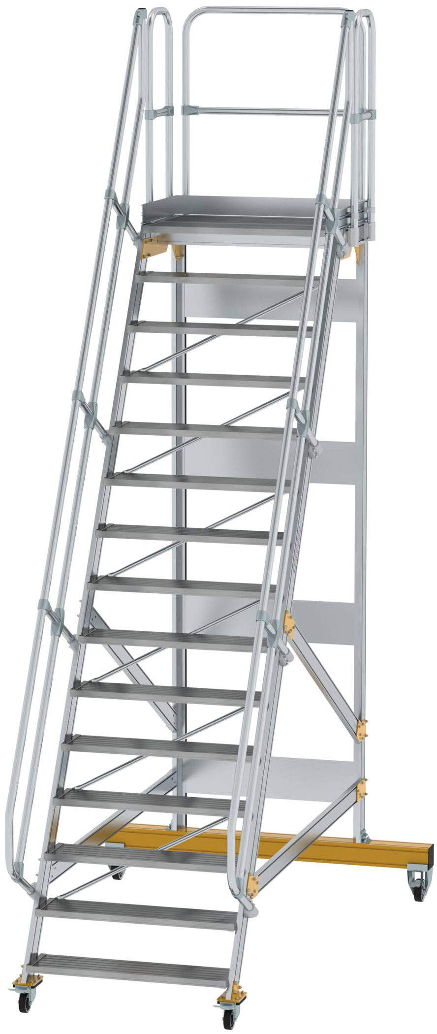 Günzburger Podesttreppe fahrbar 60° 15 Stufen - 1000 mm breit Alutreppe fahrbar mit Umlaufgeländer - Stufenausführung Alu gerieft (GB-600755) Bild-01