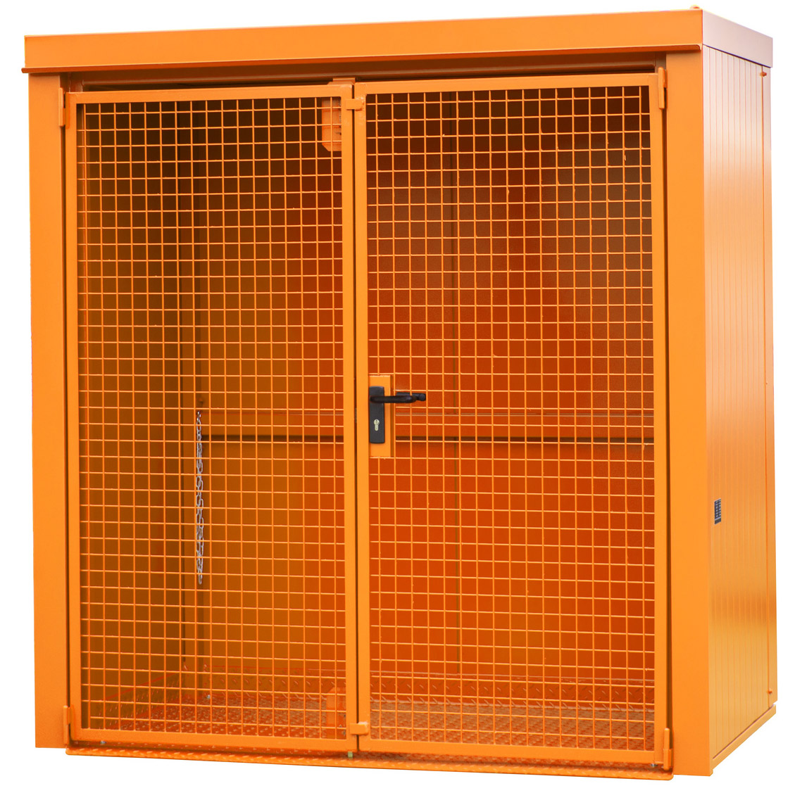 Bauer Gasflaschen-Container Stahl GFC-B M1 - RAL 2000 Gasflaschenlager gelborange pulverbeschichtet mit Tränenblechboden und Doppelflügeltor - Stahlschrank für 28 Flasche Ø 230 mm (BA-4477-31-0000-1) Bild-01