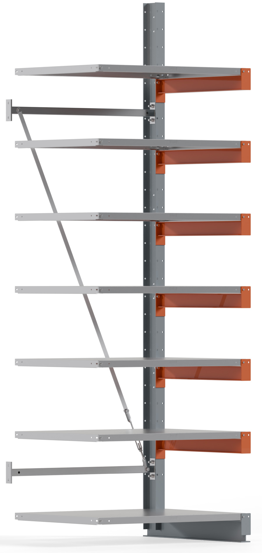 Regalwerk KARL BASIC 1350 Kragarmregal Stahlboden einseitig Anbaufeld 3000 x 1000 x 800 mm Lagerregal mit Kragarmlast 550 kg | Ständerlast 1200 kg - 7 Ebenen mit Fachböden | Kragarme frei verstellbar (RW-B6-54301-80) Bild-01