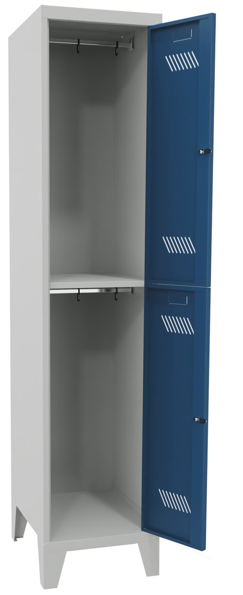 Pavoy Schließfach Spind mit Füßen 1850 x 400 x 500 mm - 2 Abteile mit Zylinderschloss - RAL 7035 | 5010 Schließfach Schrank Stahl Fachbreite 400 mm mit Kleiderstange - Korpus lichtgrau | Türen enzianblau (PA-60260-124-031-735510) Bild-01