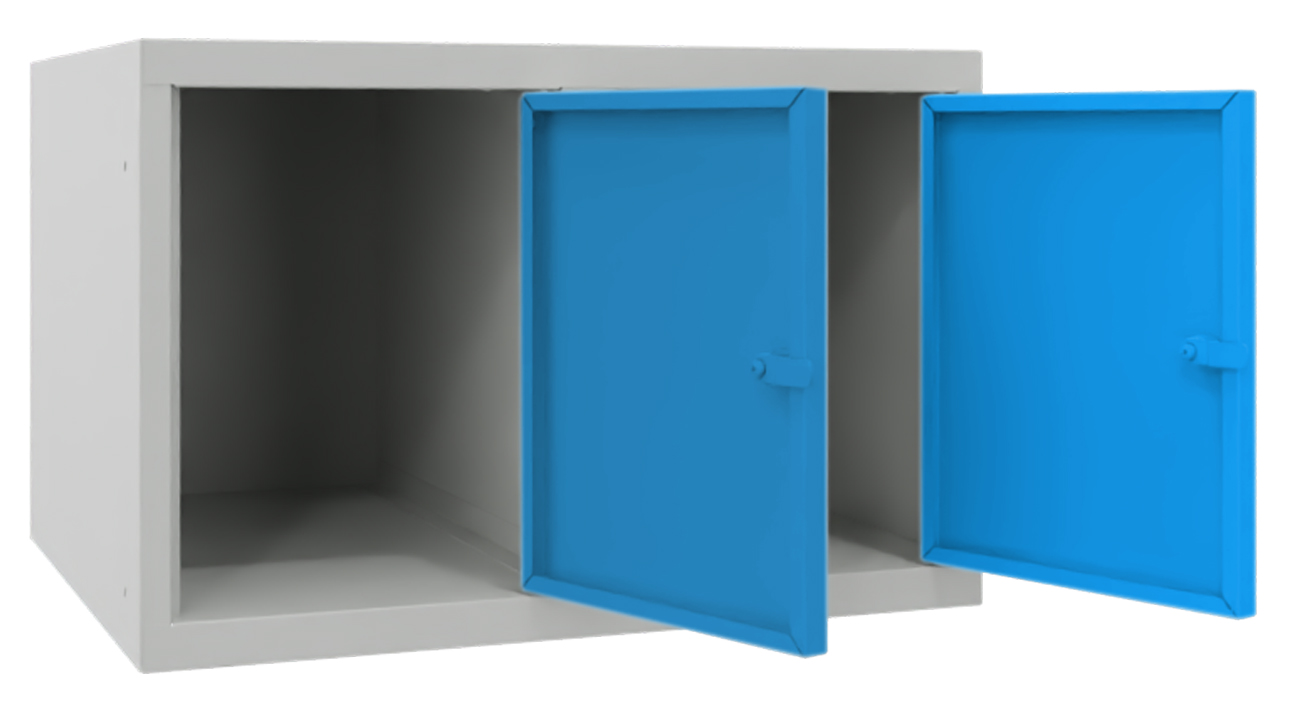 Pavoy Spind Aufsatz 395 x 600 x 500 mm - 2 Abteile mit Drehriegel - RAL 7035 | 5012 Garderobenschrank Aufsatz Stahl Fachbreite 300 mm - Korpus lichtgrau | Türen lichtblau (PA-63268-213-002-735512) Bild-01