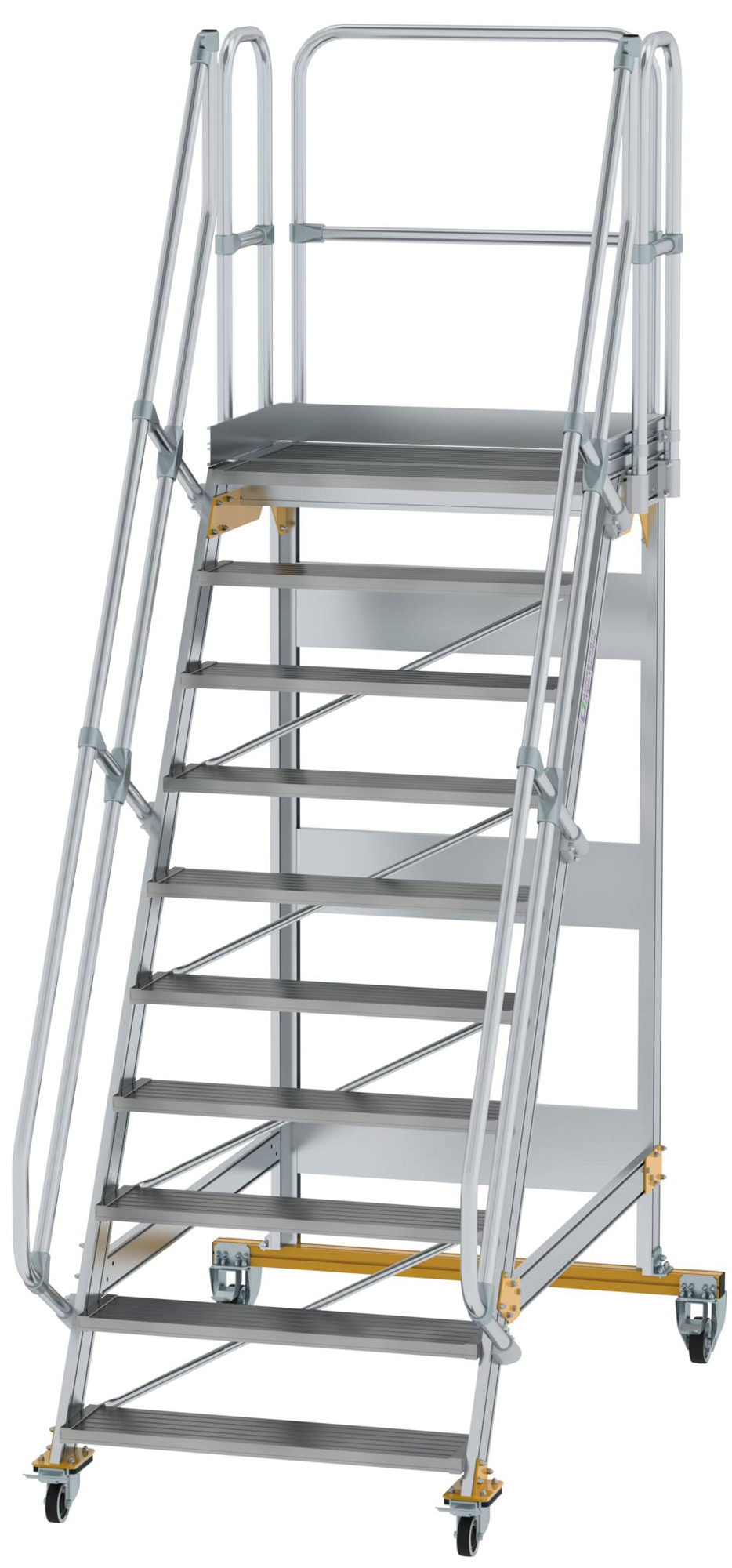 Günzburger Podesttreppe fahrbar 60° 10 Stufen - 1000 mm breit Alutreppe fahrbar mit Umlaufgeländer - Stufenausführung Alu gerieft (GB-600750) Bild-01
