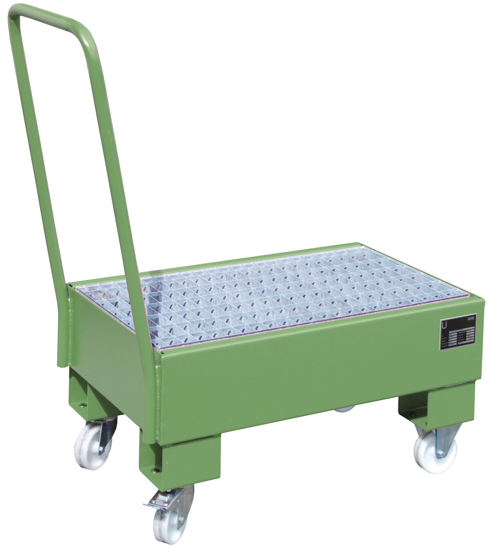 Bauer Auffangwanne fahrbar Stahl AW 60-1 SR - RAL 6011 Gefahrstoffwanne mobil resedagrün pulverbeschichtet - Stahlwanne für 2 Fässer 60 Liter stehend (BA-4471-92-0000-4) Bild-01