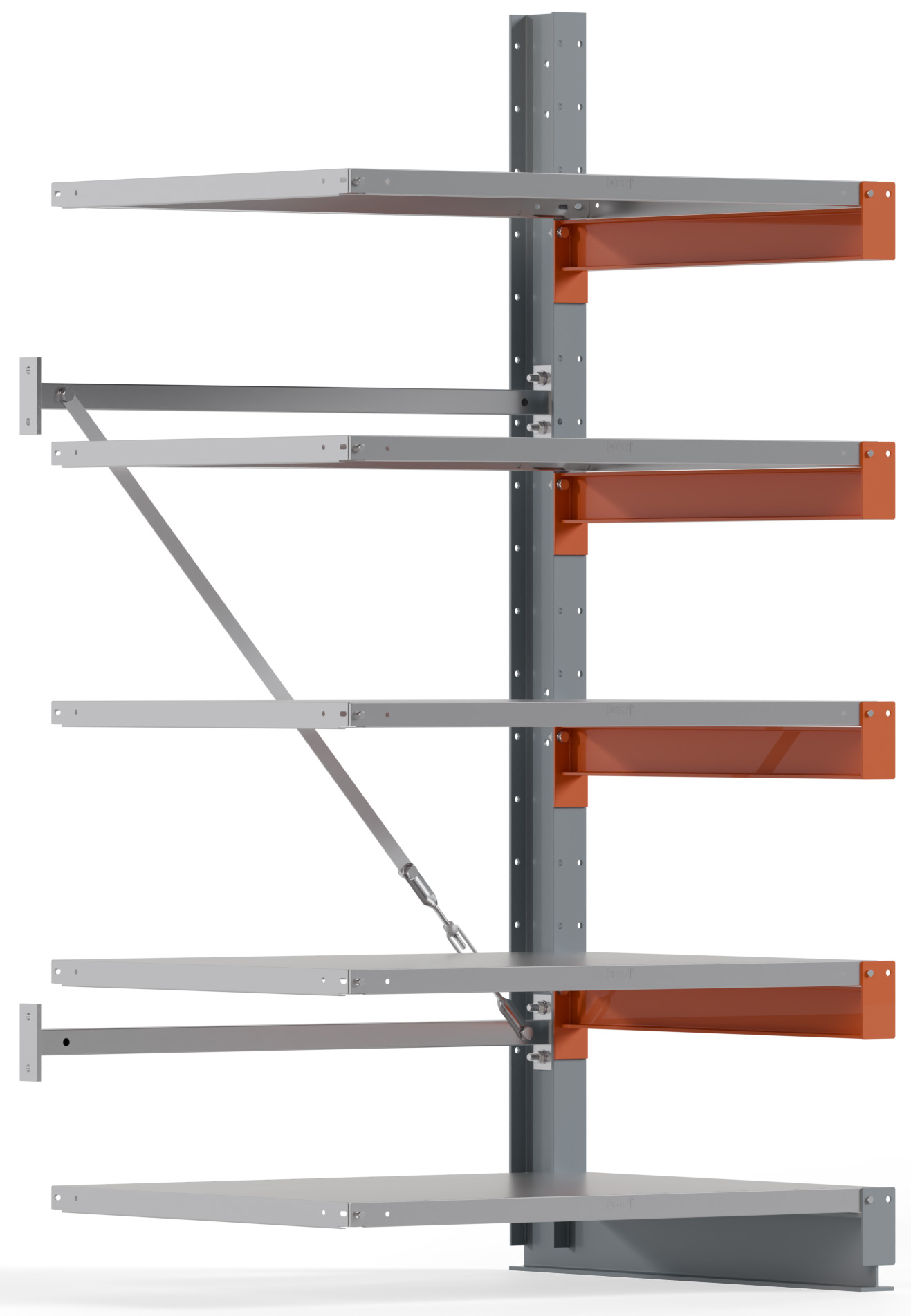 Regalwerk KARL BASIC 1350 Kragarmregal Stahlboden einseitig Anbaufeld 2000 x 1000 x 800 mm Lagerregal mit Kragarmlast 550 kg | Ständerlast 1350 kg - 5 Ebenen mit Fachböden | Kragarme frei verstellbar (RW-B6-54101-80) Bild-01