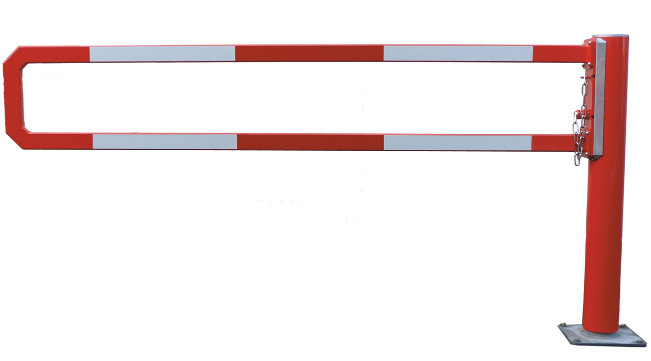 Mannus Drehschranke WES 135 rot | weiß mit Rechteckbügel 1,00 m - mit Vorhangschloss Wegeschranke eckig 60 x 30 mm - 260 mm Bügelabstand ortsfest zum Aufdübeln - Pfosten Stahl | Sperrbalken Alu (MA-3-135-1000-0013-VS) Bild-01